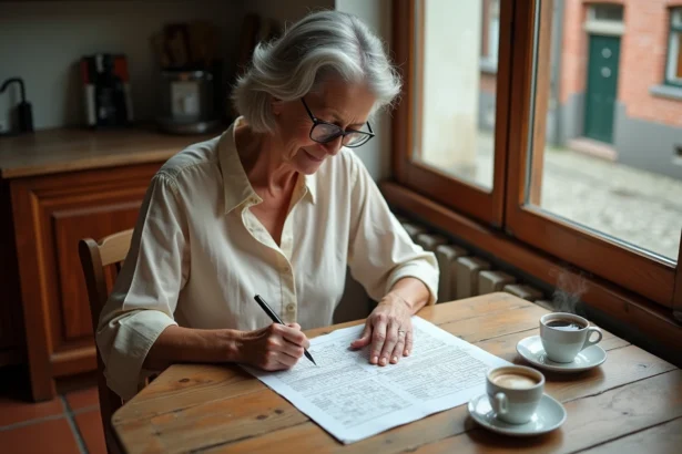 Femme belge résolvant des mots croisés dans un journal avec une ville belge en 4 lettres
