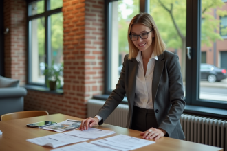 Femme confiante examine des documents dans un appartement moderne