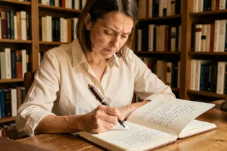 Femme poète écrivant des vers à la plume dans un carnet ouvert, entourée de livres de poésie, illustrant le choix de la rime en poésie française