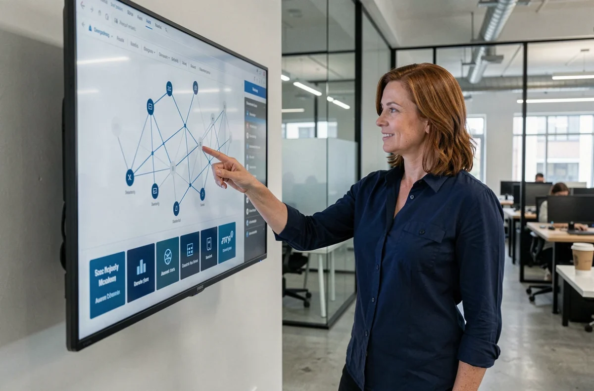 Femme présentant une architecture décentralisée de réseau numérique dans un espace de coworking moderne