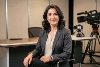 Femme brune souriante dans un studio de télévision, assise à un bureau moderne, tenue professionnelle et ambiance plateau TV
