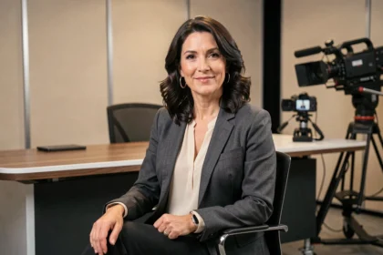 Femme brune souriante dans un studio de télévision, assise à un bureau moderne, tenue professionnelle et ambiance plateau TV