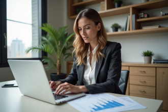 Femme professionnelle en blazer examinant un graphique de prêt immobilier
