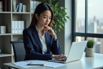Femme d'affaires en costume bleu analysant un logiciel de paie