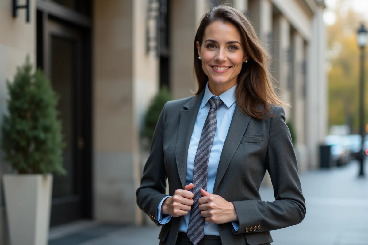 Femme confiante en blazer et cravate dans un cadre urbain professionnel