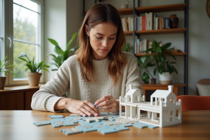 Femme assemble un puzzle 3D architectural dans un salon lumineux