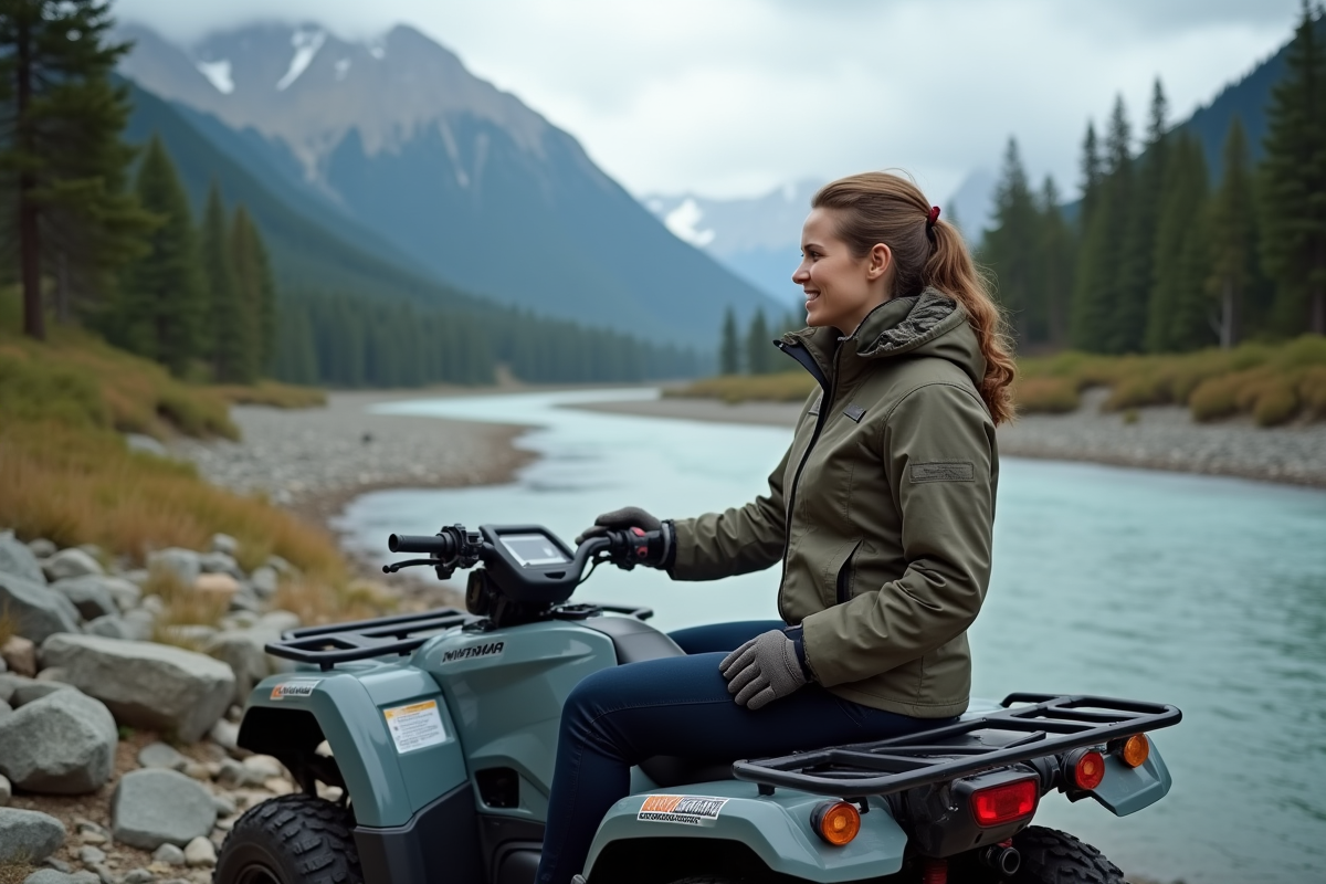 Femme admirant le paysage avec quad au bord de la rivière