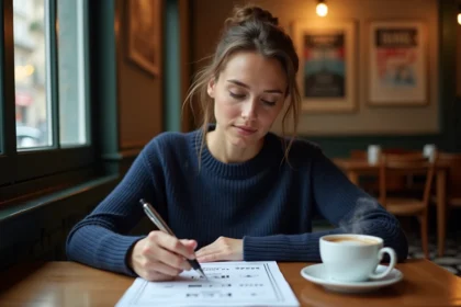 Femme concentrée dans un café parisien en train de répondre à un quiz sur papier, ambiance chaleureuse et urbaine