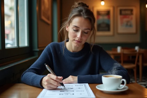 Femme concentrée dans un café parisien en train de répondre à un quiz sur papier, ambiance chaleureuse et urbaine