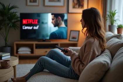 Jeune femme regardant Netflix dans son salon cosy