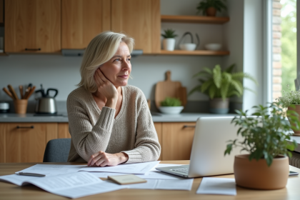 Femme réfléchissant à la planification de sa retraite à la maison