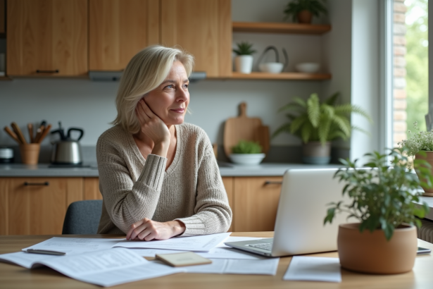 Femme réfléchissant à la planification de sa retraite à la maison