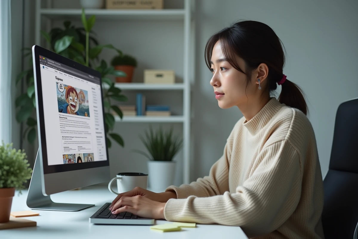 Femme lisant un scan One Piece en ligne sur un ordinateur portable dans un bureau minimaliste