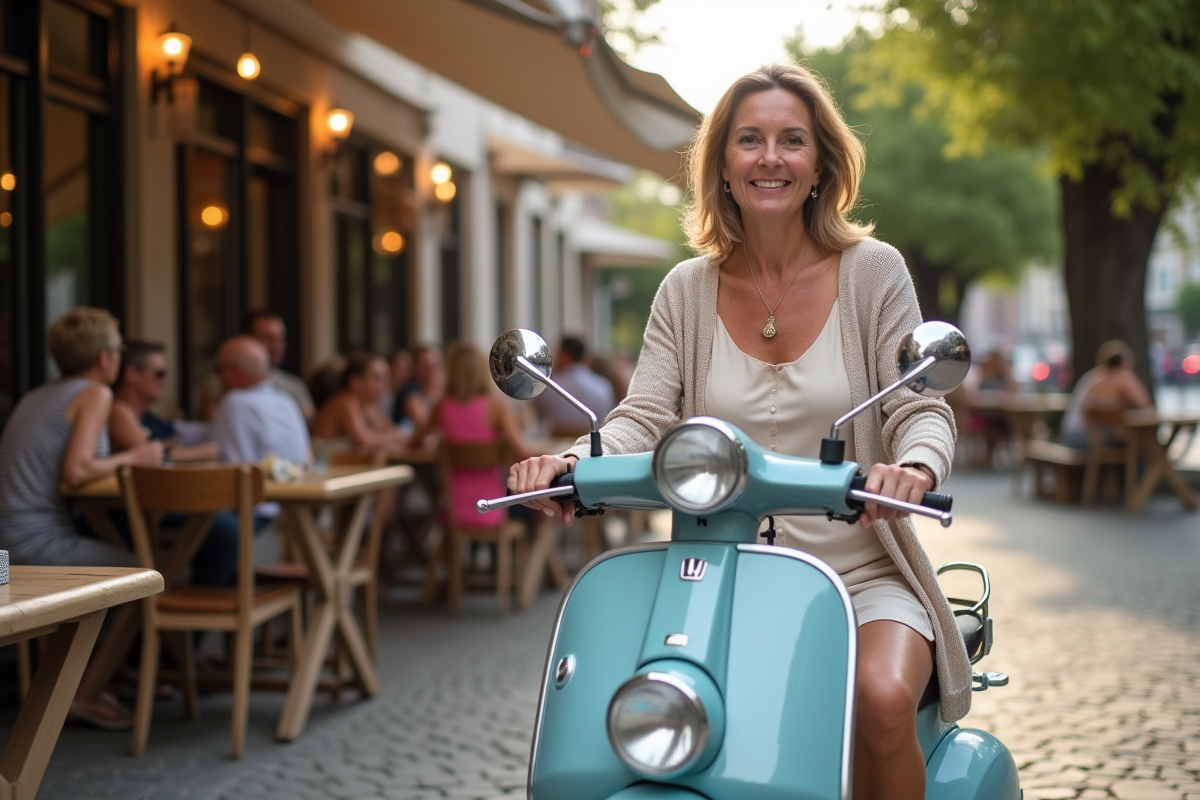 Femme assise sur une Honda Dax 50 devant un café en ville