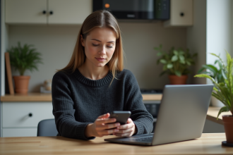 Femme assise dans une cuisine moderne utilisant son smartphone