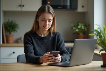 Femme assise dans une cuisine moderne utilisant son smartphone