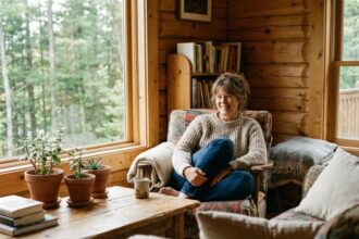 Femme souriante à l'intérieur d'une cabane en bois cosy