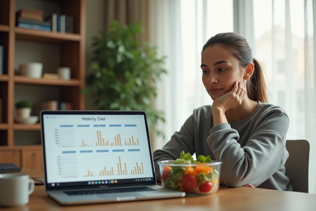 Jeune femme analysant ses progrès hebdomadaires de régime sur un ordinateur portable avec des repas préparés sur son bureau