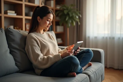 Femme consultant le programme TV numérique Télé Z sur une tablette dans son salon moderne