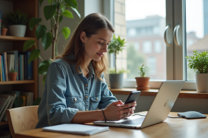 Femme travaillant sur son ordinateur dans un appartement lumineux