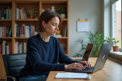 Femme concentrée travaillant sur son ordinateur dans un bureau moderne
