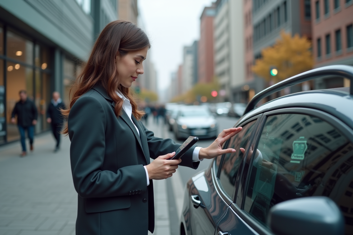 Jeune femme dans la rue pointant un tableau ADAS sur une tablette