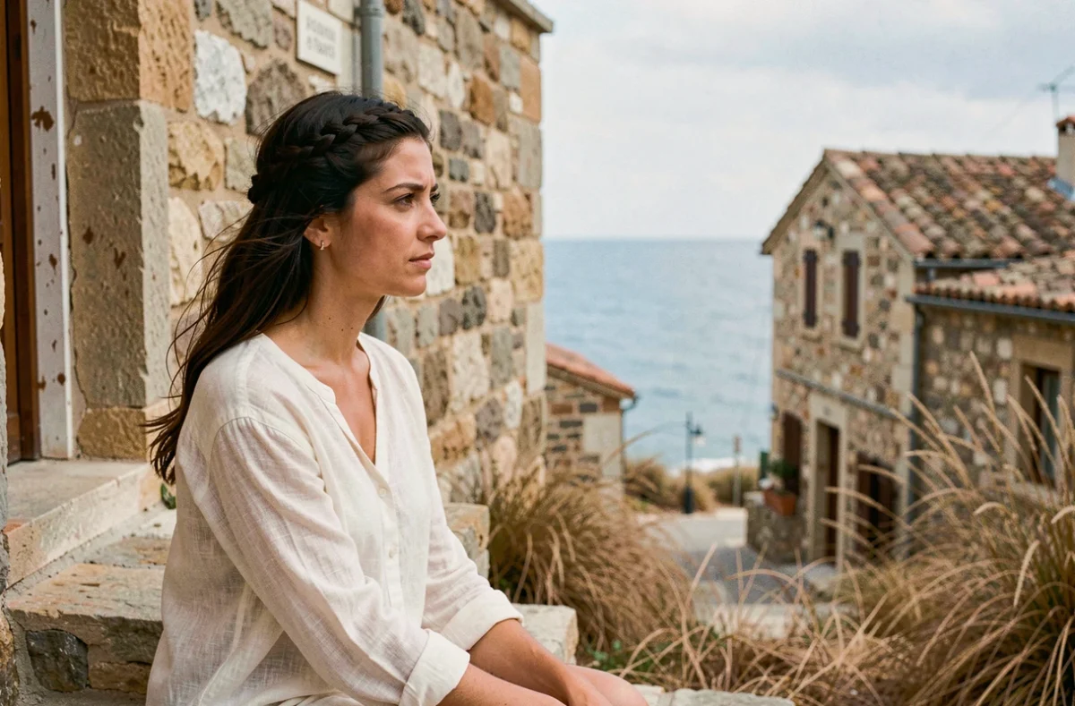 Femme pensive dans un village côtier évoquant les origines familiales et le destin de Portgas D dans One Piece