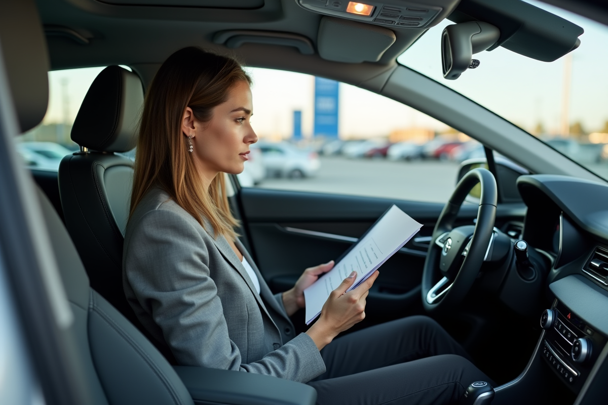 Femme dans voiture hybride en concession