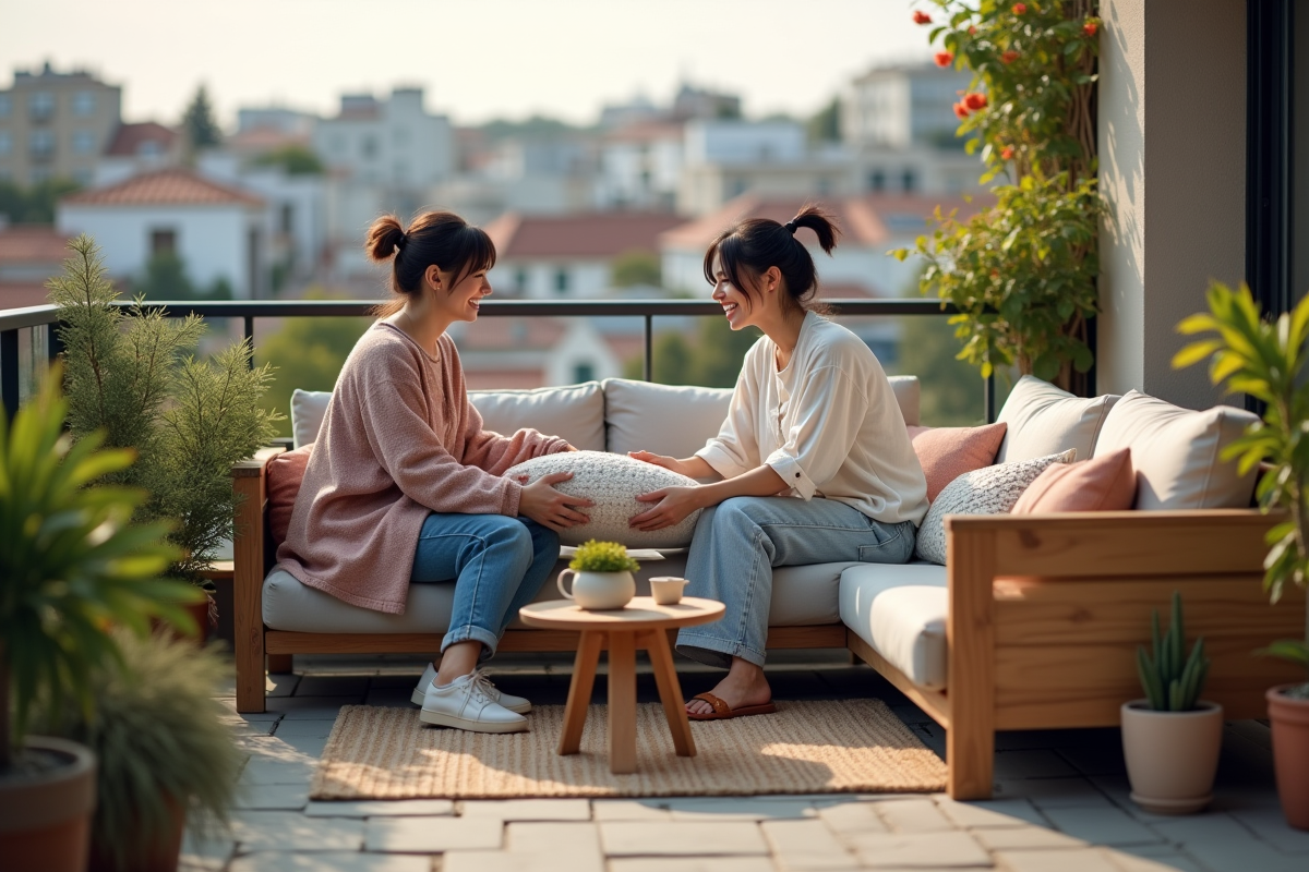 Deux femmes riant sur un balcon avec coussins et plantes