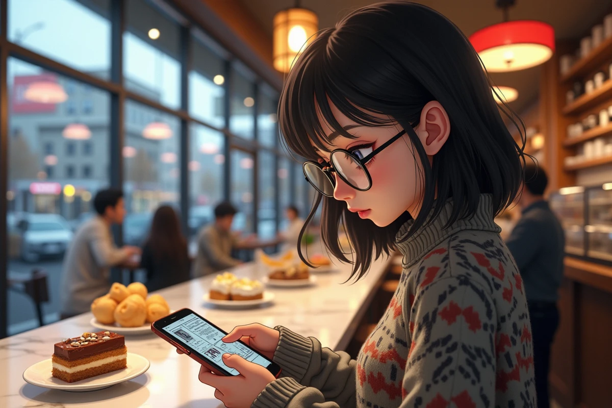 Adolescente lisant une manga sur smartphone au café