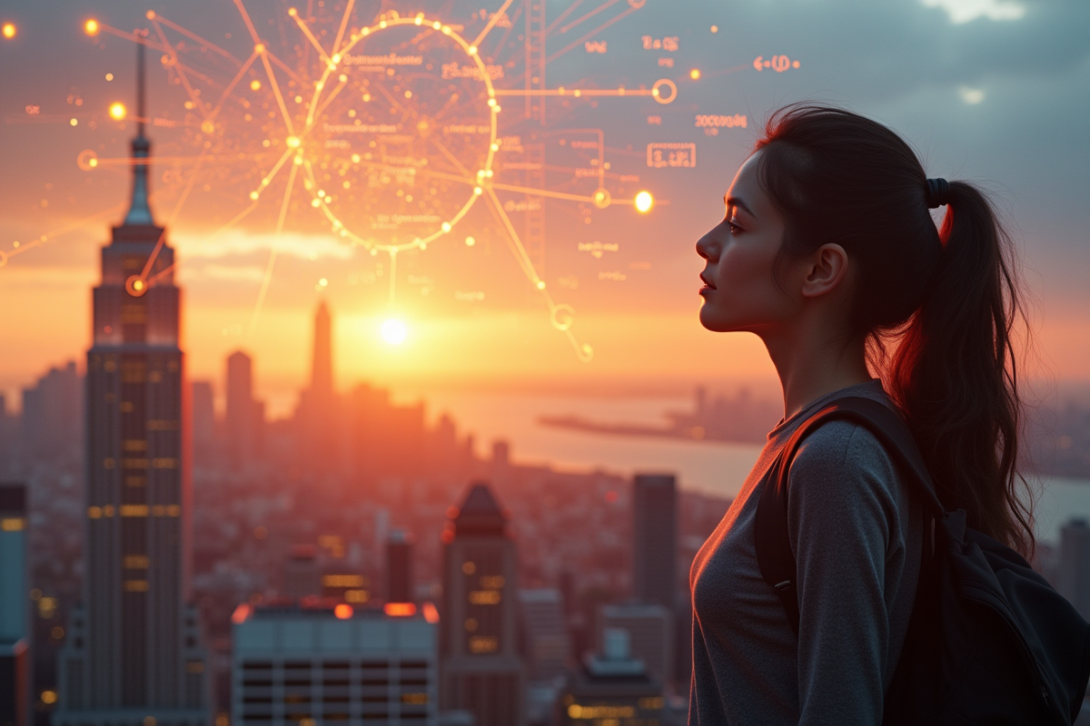 Jeune femme sur un toit regardant un hologramme quantique au lever du soleil