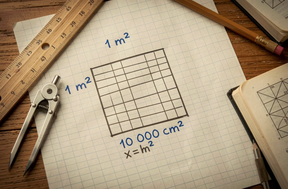 Vue aérienne d'une feuille de papier quadrillé avec un carré annoté illustrant la conversion de mètres carrés en centimètres carrés entourée d'outils de géométrie