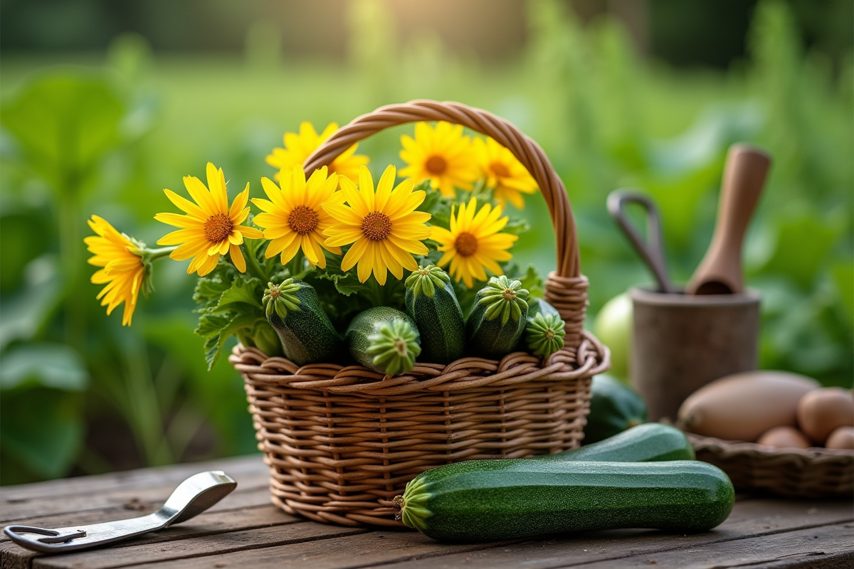 Fleurs de courgette fraîches dans un panier rustique