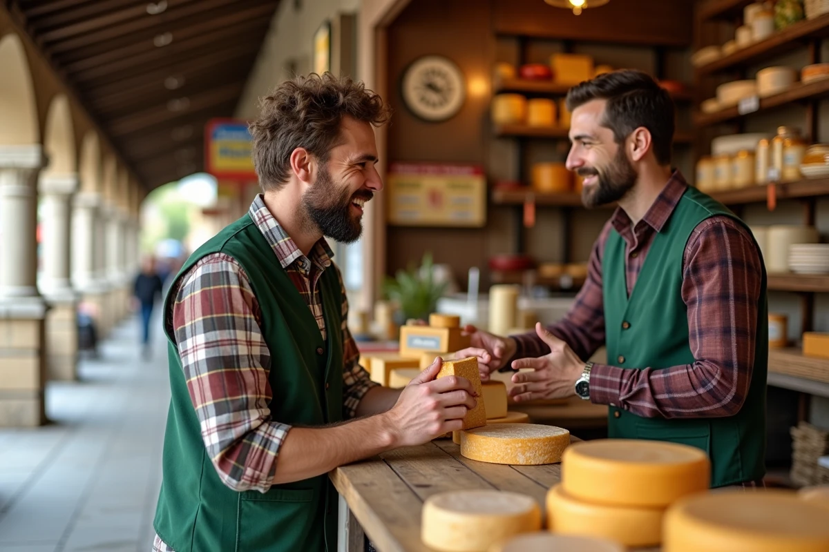 Homme avec un fromage discutant avec un fromager au marché d