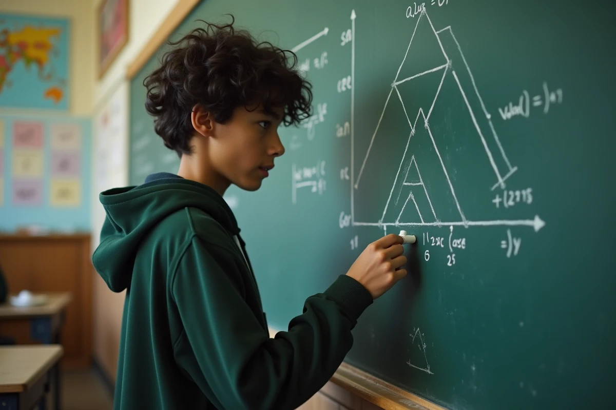 Adolescent pointant un tableau de géométrie avec pyramide