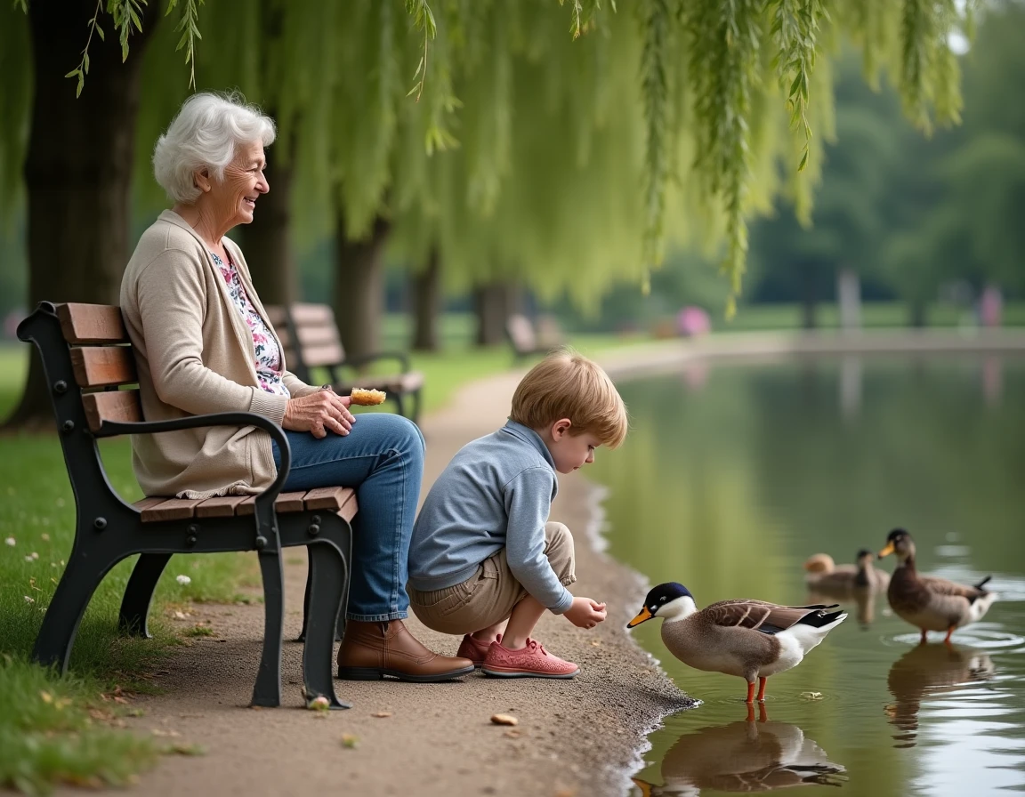 Grand-mère et petits-enfants nourrissant les canards au bord d'un étang à Saralbe