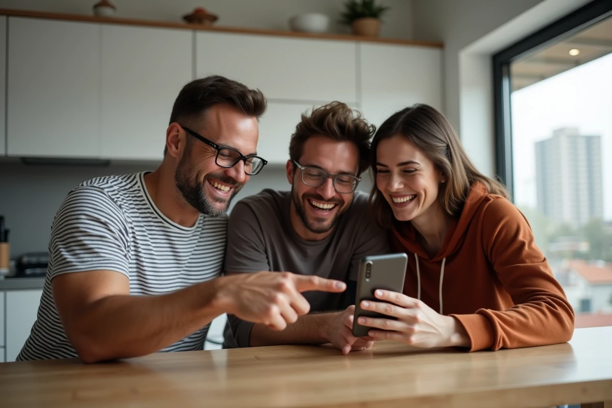 Groupe d'amis riant ensemble autour d'un quiz sur smartphone dans une cuisine moderne