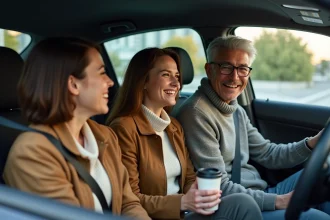 Trois adultes souriants dans une voiture moderne au printemps