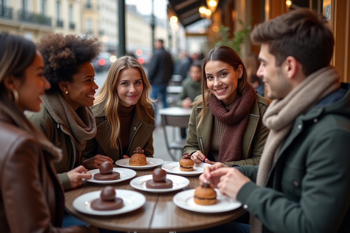 Jeunes adultes dégustant des desserts au chocolat dans un café parisien