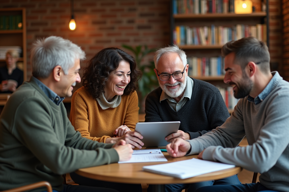 Groupe divers en discussion dans un café convivial