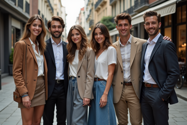 Groupe de jeunes adultes en mode moderne dans une rue urbaine