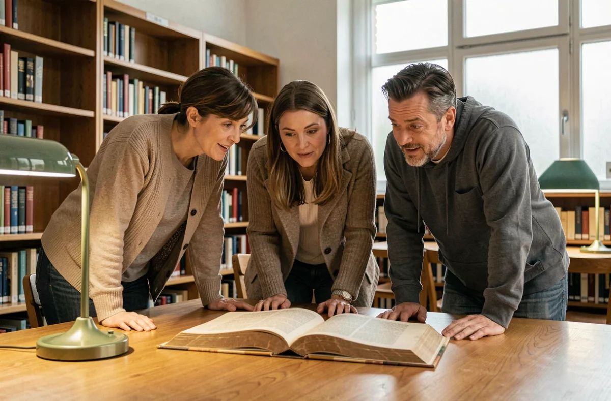 Groupe de personnes consultant un recueil de chansons alsaciennes contenant les paroles de La Strasbourgeoise dans une bibliothèque