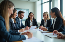 Groupe de professionnels en réunion dans un bureau lumineux