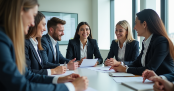 Groupe de professionnels en réunion dans un bureau lumineux