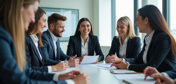 Groupe de professionnels en réunion dans un bureau lumineux