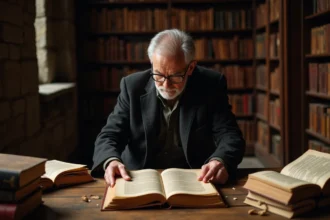 Historien examinant un parchemin médiéval avec des inscriptions latines dans une salle d'archives ancienne, évoquant la devise des Templiers