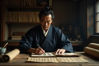 Homme en kimono étudiant des manuscrits japonais anciens avec calligraphie, évoquant le titre de Hokage dans la culture ninja