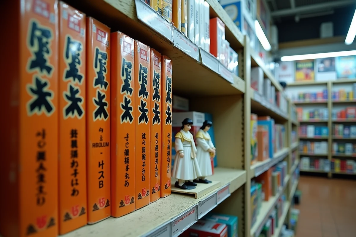 Étagère de librairie Tokyo avec mangas ninja et figurines portant l'insigne Hokage, illustration du sens culturel du titre