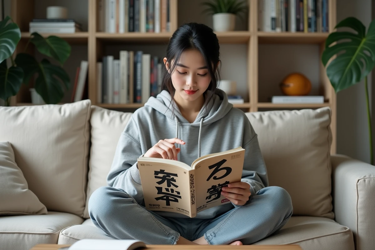 Jeune femme lisant un manga ninja dans un appartement de Tokyo, analysant les kanji du titre Hokage et son sens caché