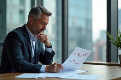 Homme d'affaires examinant un graphique de taux d'intérêt en bureau